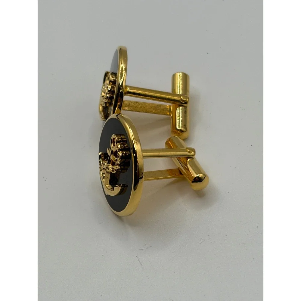 K Line Mens Gold Tone Black Enamel Anchor Nautical Toggle Back Cufflinks